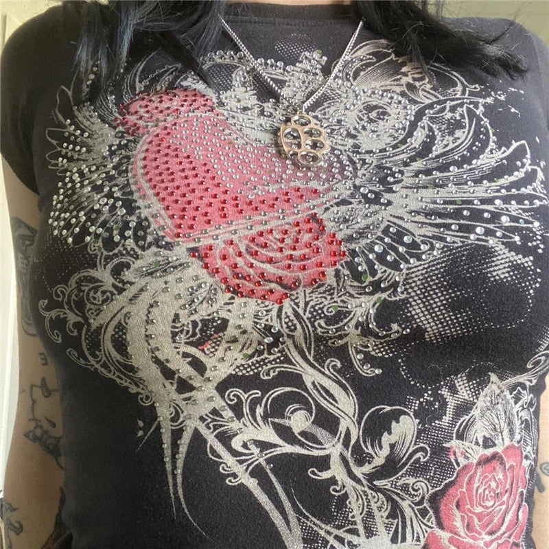 Cyber y2k Tops Women Cybercore Clothing Rhinestone Cross Print Short Sleeve Baby Tee 2000s Aesthetic T Shirt Streetwear voguable