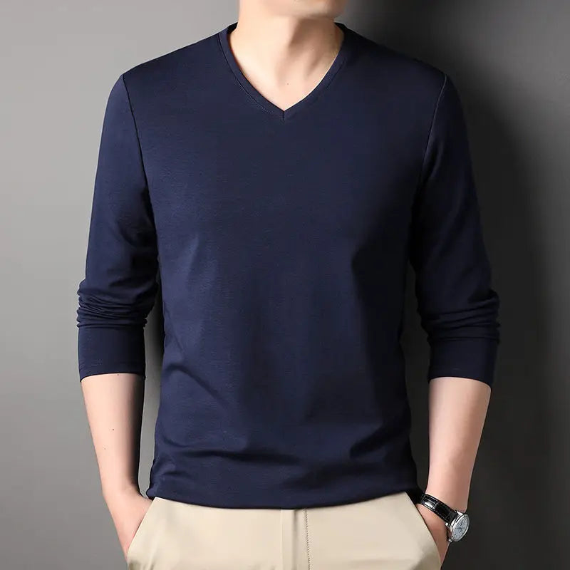 Voguable  Longsved Slimfit Mens Tshirt Casual Wear Base V Neck PU Leather Nine Sleeve Cleanfit Style Citywalk Suitable Tshirt voguable