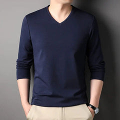 Voguable  Longsved Slimfit Mens Tshirt Casual Wear Base V Neck PU Leather Nine Sleeve Cleanfit Style Citywalk Suitable Tshirt voguable