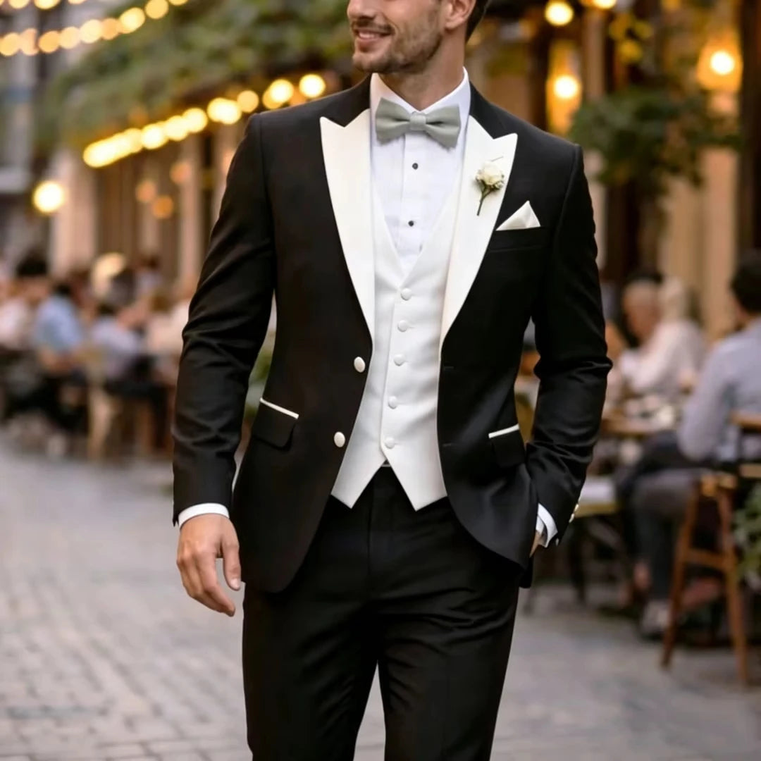 Voguable  Men Suit Black Ivory 3 Pieces Single Button With Lapel For Wedding Birthday Banquet Party Business Work Office Jacket Vest Pant voguable