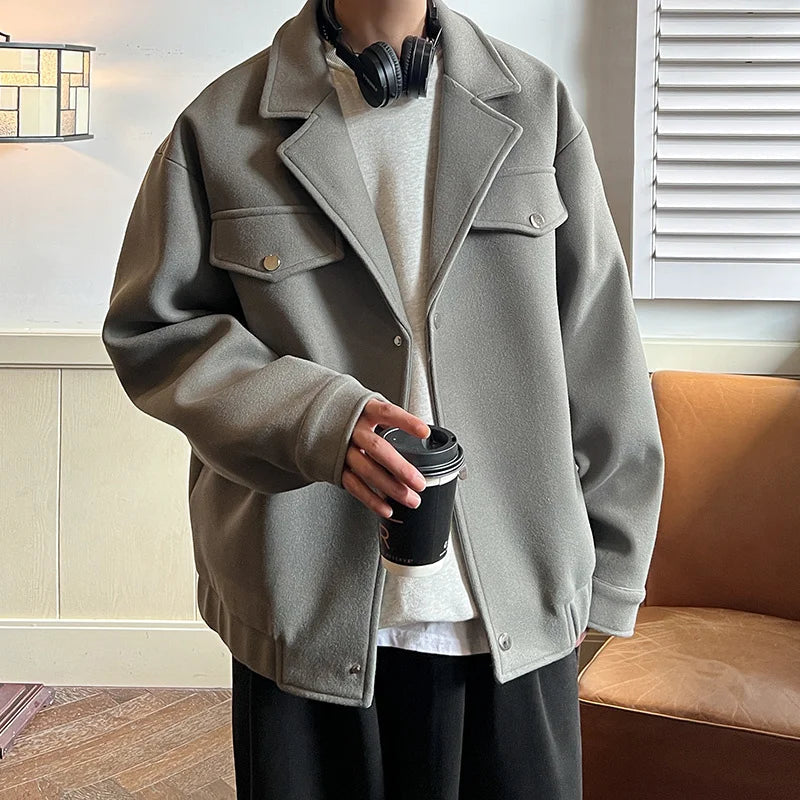 Winter Short Woolen Coat Men Warm Fashion Casual Thick Woolen Jacket Men Korean Loose Thicken Woolen Coat Mens Black Overcoat voguable