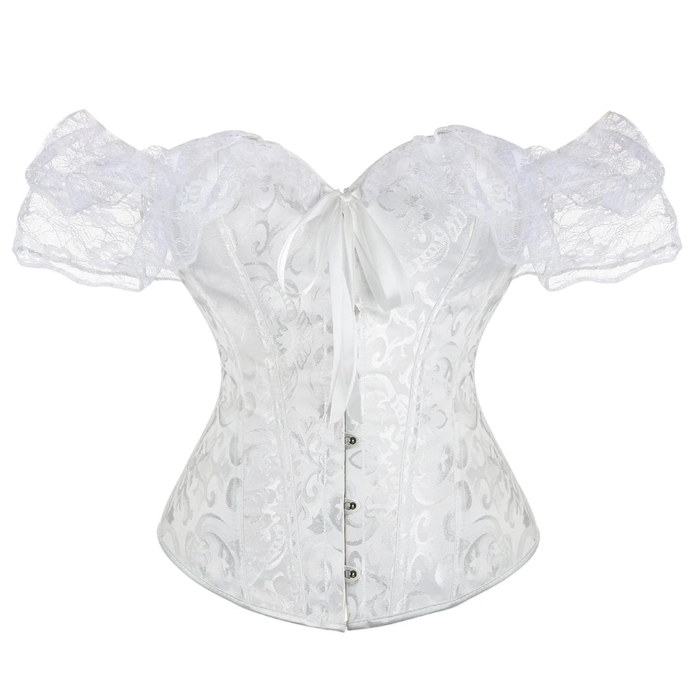Voguable Womens Bustier Overbust Corselet Lace Up Short Sleeve Sheer Corset Bluse Costume Crop Top voguable