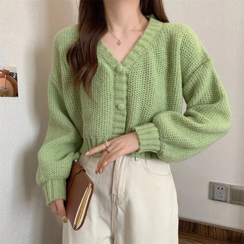 Sexy Cropped Sweet Cardigan Women V Neck Vintage Slim Long Sleeve Knitted Sweaters Korean Causal Simple Solid Lady Fall Tops New voguable