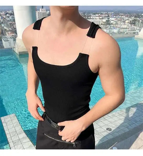 2025 New Fashion Male Vest Patchwork Personality Sleeveless Top Men's Solid Color Slim T-shirt Spring Trendy 9A8204 voguable