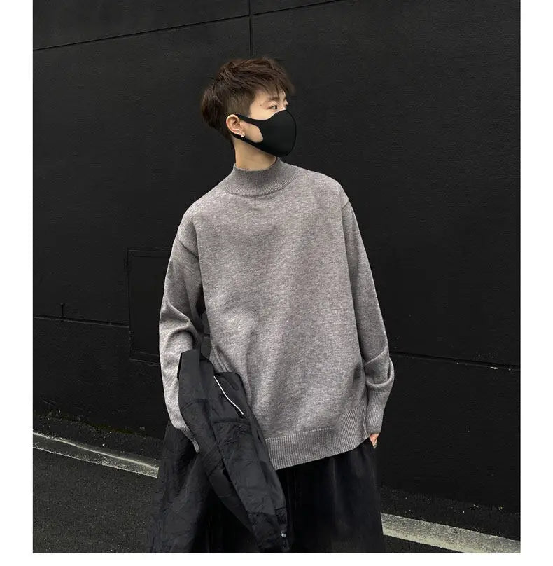 Men's Light Luxury Knit Mock Neck Sweater Autumn Winter Fashion Korean Long Sleeve Streetwear Leisure All-match Knitwear voguable