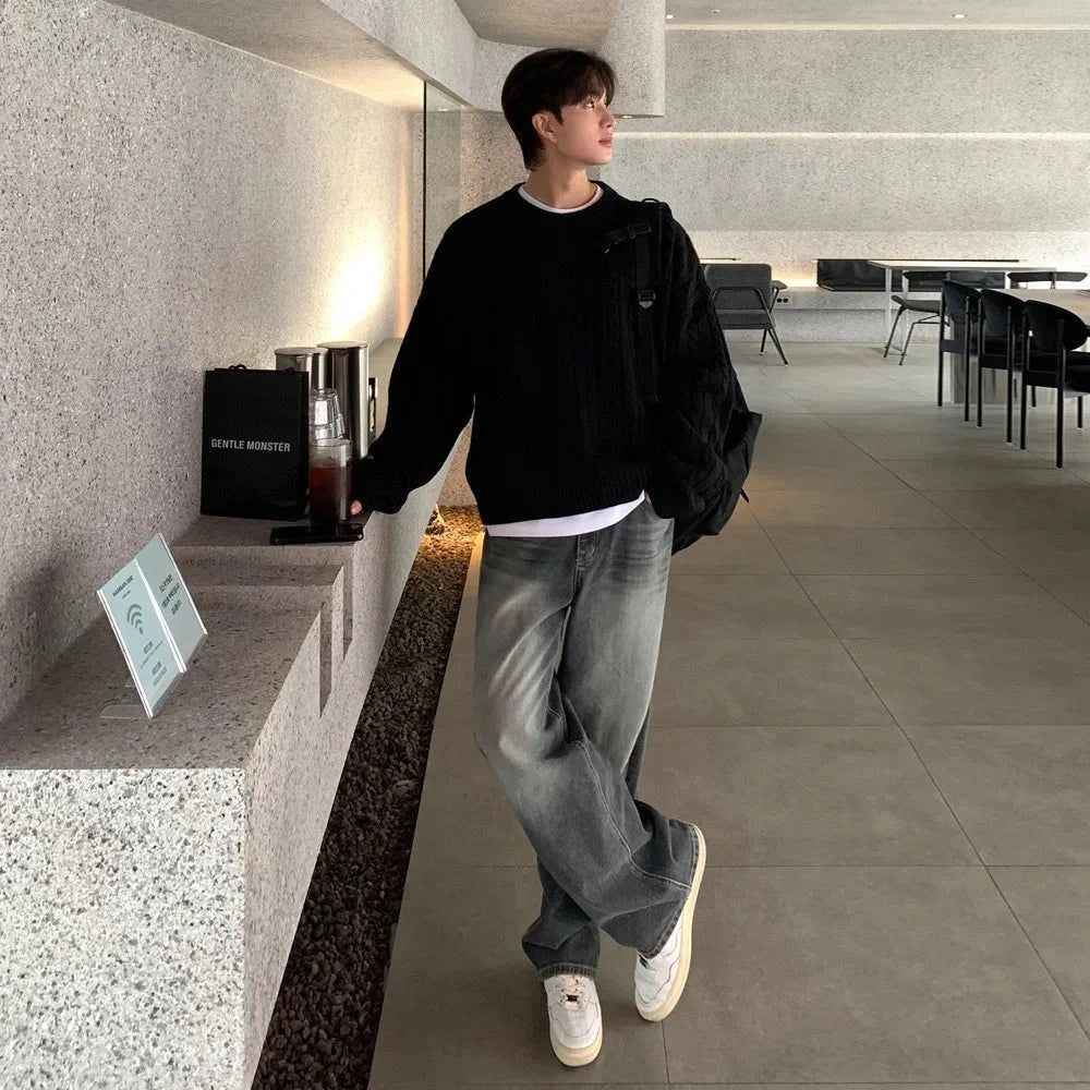 Winter Korean Fashion Jacquard Men Sweater Luxury Trendy O Neck Knitted Solid Color Pullover Leisure Long Sleeve Basic Knitwear voguable