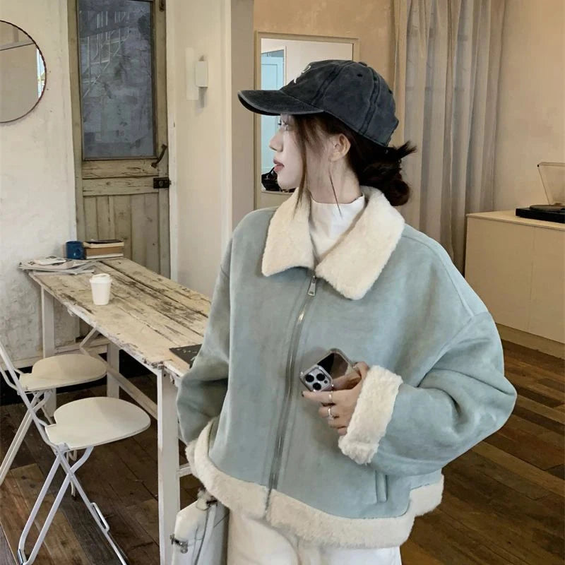 Faux Suede Lamb Jackets Women Winter Warm Thick Sweet Cute Short Coat Korean Vintage Loose Long Sleeve Preppy Style Tops voguable