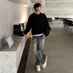 Winter Korean Fashion Jacquard Men Sweater Luxury Trendy O Neck Knitted Solid Color Pullover Leisure Long Sleeve Basic Knitwear voguable