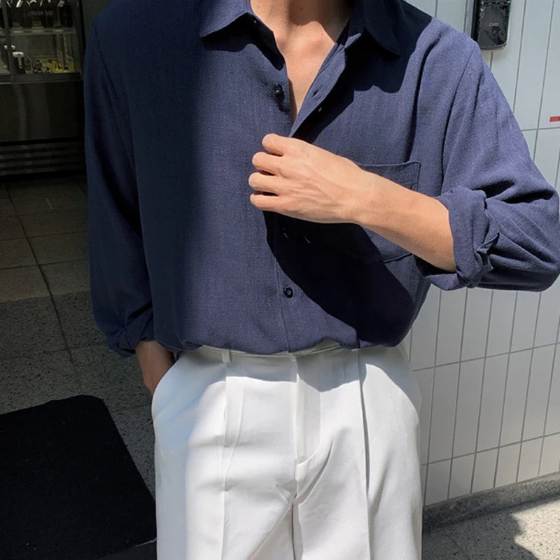 Men's Clothing Light Luxury Korean Popular Linen Shirts Streetwear Long Sleeve Solid Color Retro Leisure Thin Pocket Blouse voguable