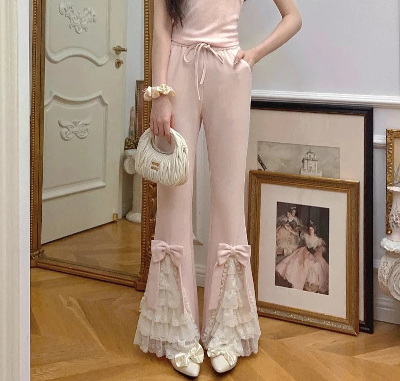 Voguable  Pink Sweet Lolita Style Pants Women Vintage Kawaii Bow Lace Ruffles Flared Pants Female Korean Elegant Casual Fairy Trousers voguable