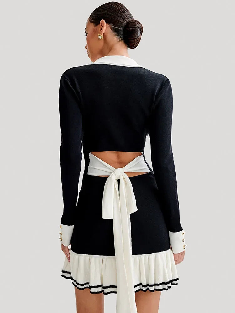 Ruffled Bow Knit Mini Dress Women's Summer Backless Contrast Cardigan Lace-Up Elegant Dress Female Knitwear Bandage Dress voguable