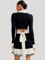 Ruffled Bow Knit Mini Dress Women's Summer Backless Contrast Cardigan Lace-Up Elegant Dress Female Knitwear Bandage Dress voguable