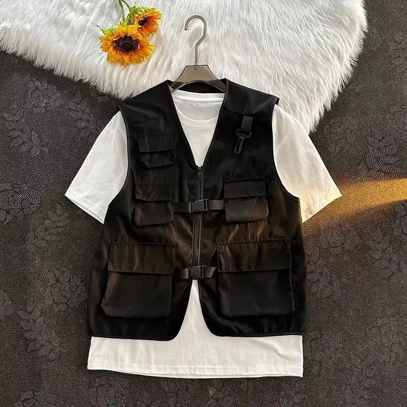 Voguable  Japanese Cargo Multi Pocket Camisole Vest Cardigan for Men's Summer Oversized Tank Top Punk Streetwear Zipper Waistcoat voguable