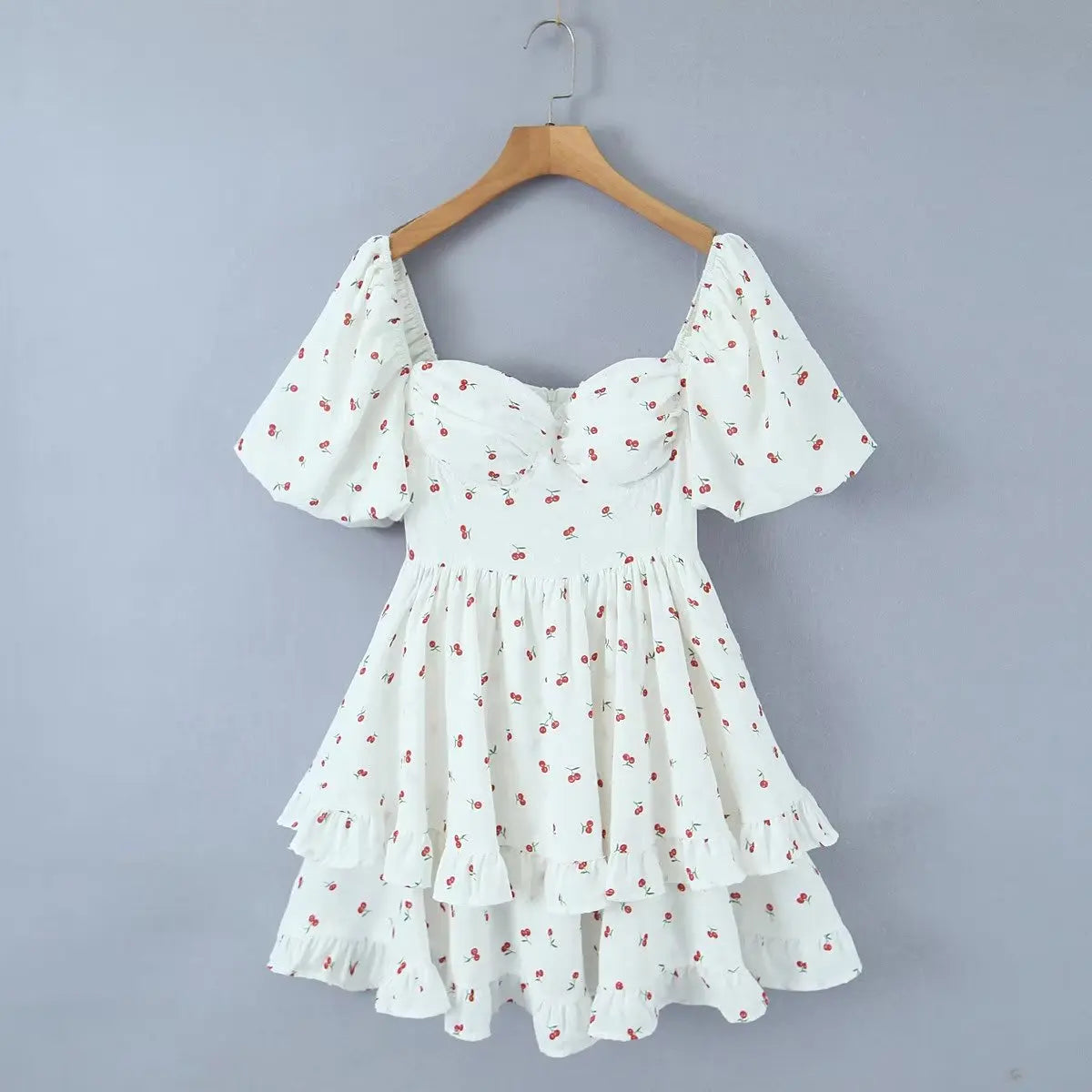 Voguable  Summer Sexy Corset Style Fruit Cherry Print Mini Dress White Retro Women Slim Waist Ruffles Hem Lantern Sleeve Cake Robe voguable