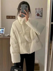 Winter Korean Pink Parkas Women Sweet Long Sleeve Warm Thick Cotton Coat Casual Stand Collar Preppy Style Lady Cute Jacket voguable
