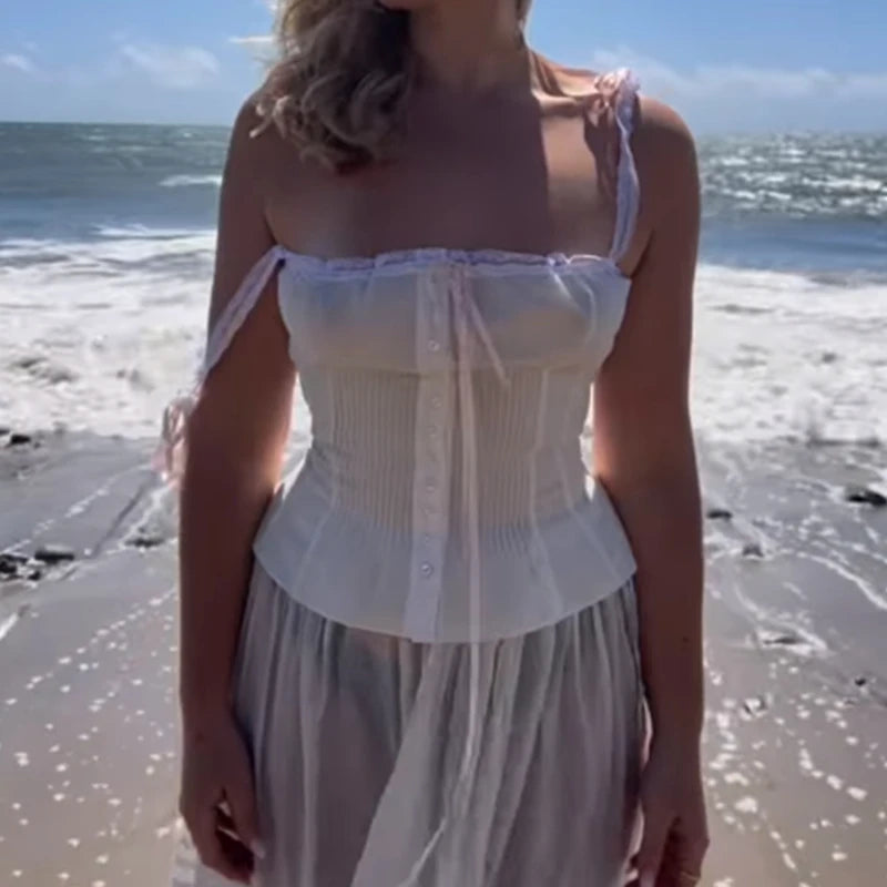y2k Tops Women Summer Spaghetti Strap Sleeveless Bustier Corset Camisole Pleated Vest 2000s Aesthetic Clothes Clubwear voguable