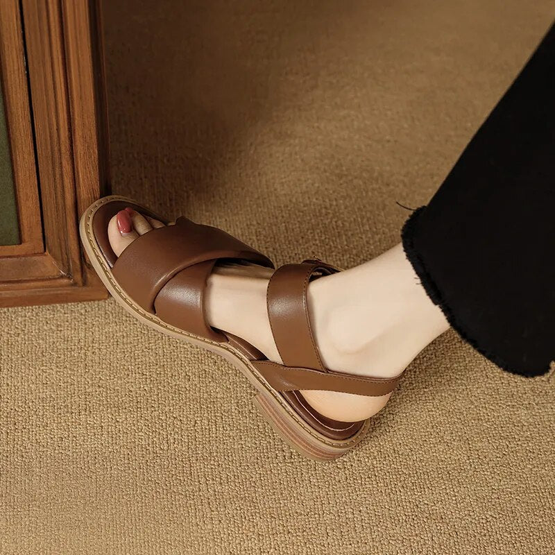 Summer Retro Style Women Sandals Ankle Strap Thick Heels Genuine Leather Basic Casual Office Working Shoes Woman Pumps voguable