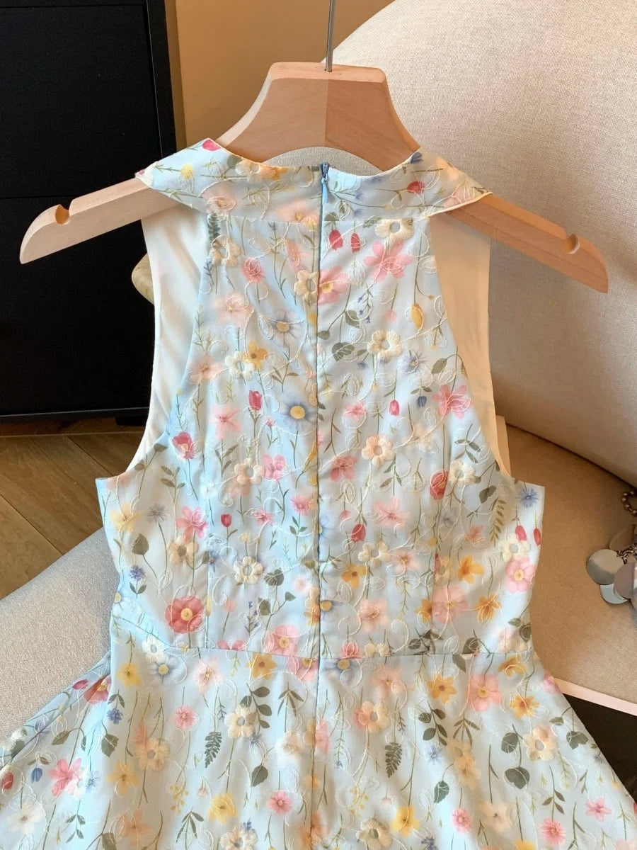 Voguable  Sweet And Spicy Floral V-Neck Hanging Neck Vest Women Summer Vacation Knot Sleeveless Shirt Belly Cover Skirt Upper Body voguable