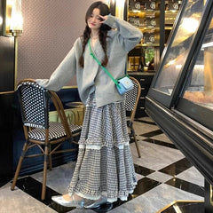 Kawaii Harajuku Plaid Skirt Women Preppy Style Sweet Long Skirts Retro Lace Patchwork A-line Ruffle Skirts Streetwear voguable
