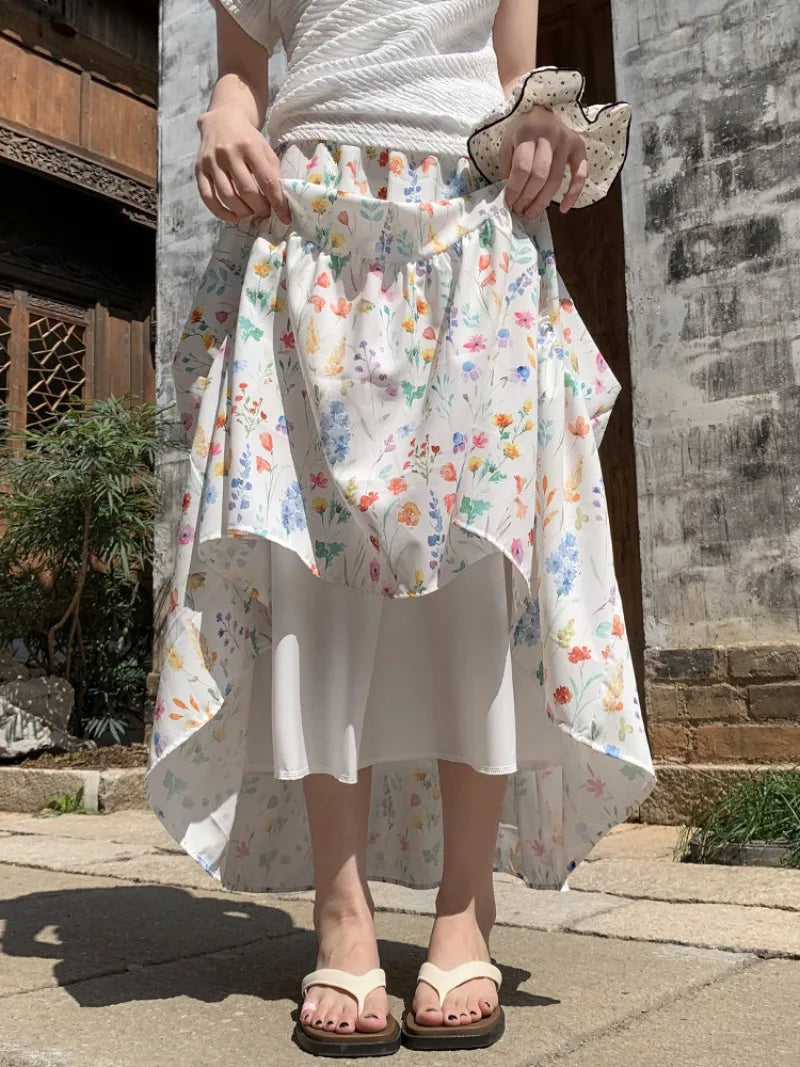 Voguable  Sweet Floral A-line Long Skirt for Woman Summer Elegant High Waisted Ruffle Hem Skirts Women All Match Spliceing Midi Cake Skirt voguable