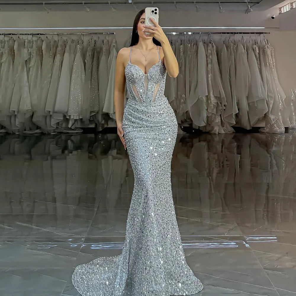 Customized Sparkly Mermaid Party Gown 2025 Spaghetti Straps Corset Evening Dress Sexy Prom Dress Beaded Formal Gown voguable