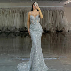 Customized Sparkly Mermaid Party Gown 2025 Spaghetti Straps Corset Evening Dress Sexy Prom Dress Beaded Formal Gown voguable