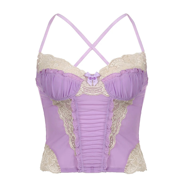Voguable  y2k Lace Patchwork Purple Coquette Mesh Corset Women Sexy Backless Criss-cross Halter Camis Sweet Aesthetic Crop Top voguable