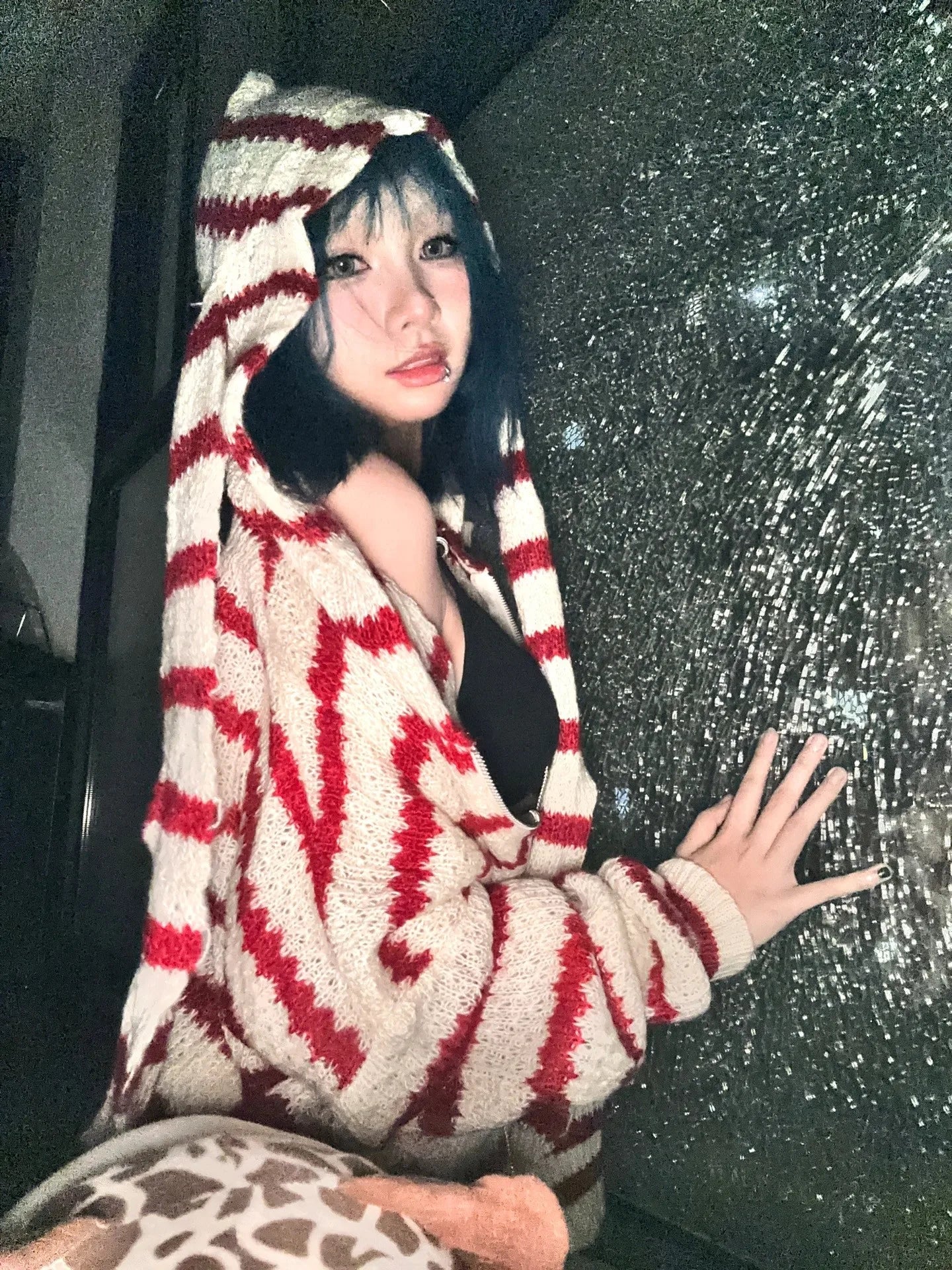Japanese Y2k Hooded Cardigan 2000s Aesthetics Rabbit Ears Zipper Knitwear Vintage Harajuku Red Stripe Sweater Grunge voguable