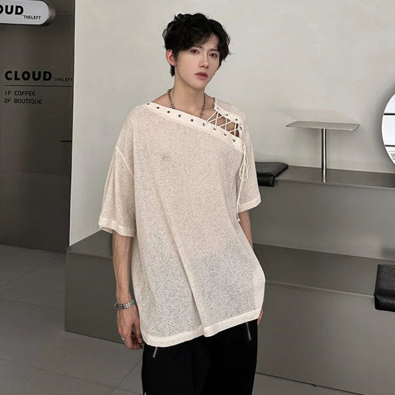 Korean Style Men's T-shirts Short Sleeve Casual Lace-up Design Solid Color Tees Hollow Out Loose Male Tops Summer 9W3719 voguable