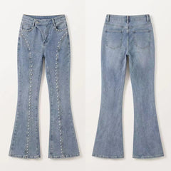 Voguable  Y2K Punk Women Flare Jeans High Waist Light Blue Washed Denim Pants Metal Stud Decoration Fashion Boot Cut Denim Trousers voguable