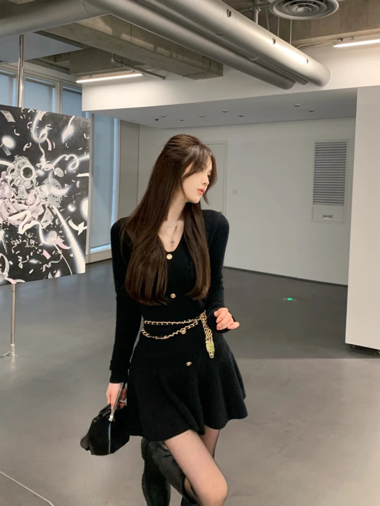 Voguable Casual Autumn White Knitted Sweater Mini Dress Women Black Elegant Lady Dresses Fashion Party Pure Color One Piece Dress voguable