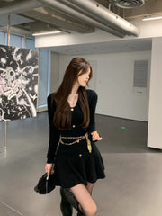 Voguable Casual Autumn White Knitted Sweater Mini Dress Women Black Elegant Lady Dresses Fashion Party Pure Color One Piece Dress voguable