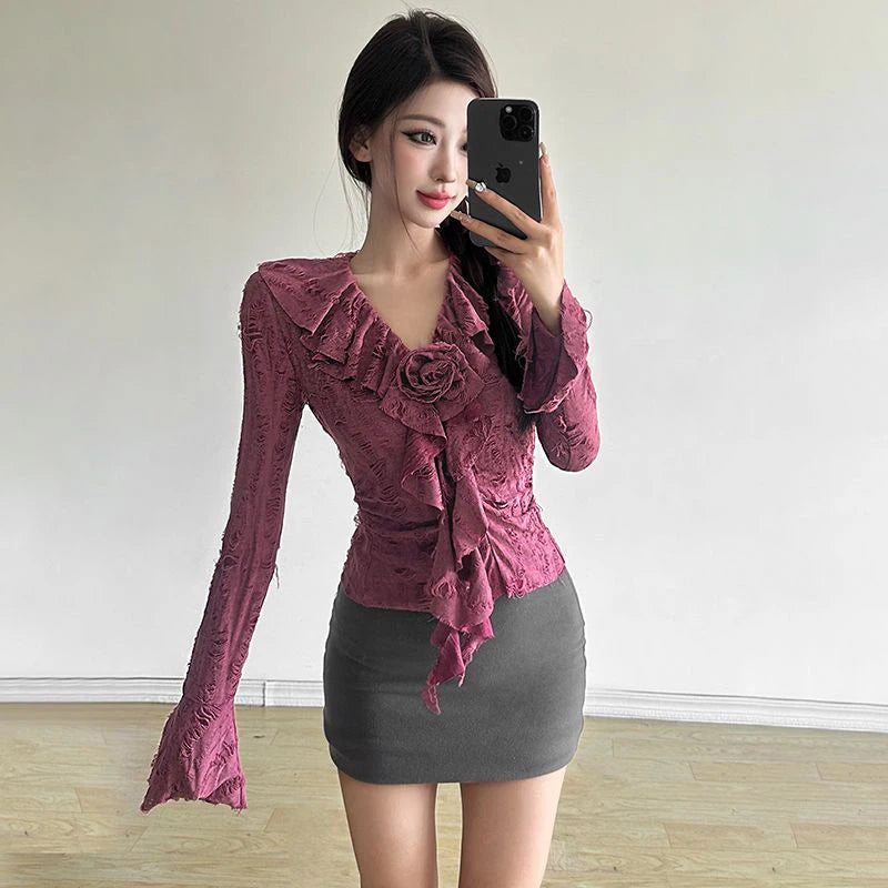 3D Floral Ruffles Y2K T Shirts Women Slim Long Sleeve Hole Gothic Tops Streetwear Harajuku Vintage Lady V Neck Design Tees voguable