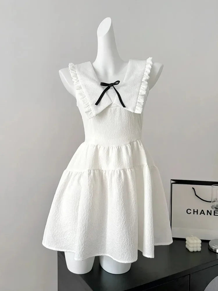 Voguable  Preppy Style Design White One-Piece Frocks Sleeveless Off Shoulder Party 90s Women Sweet A-Line Dress Casual Bow Vestidos New voguable
