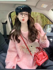 Cute Cartoon Pink Sweater Women Sweet Long Sleeve Knitted Kawaii Jumper Vintage Japan O Neck Lady Casual Lazy Wind Tops New voguable