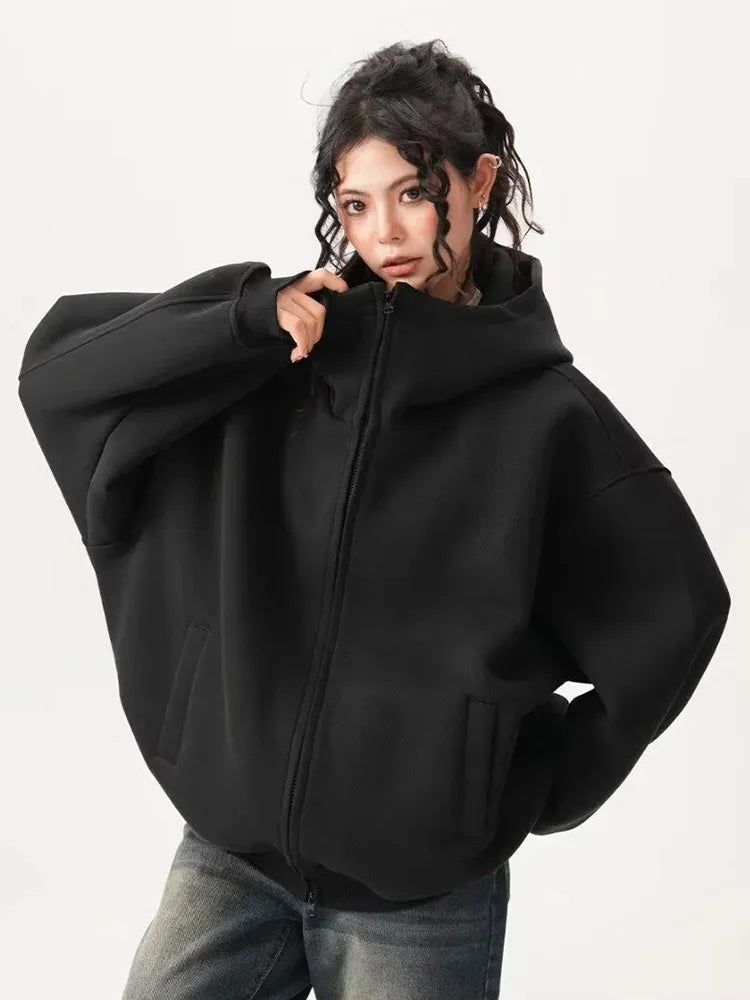 Zoki Y2K Black Hoodies Women Streetwear Oversize Loose Long Sleeve Retro Sweatshirt American Harajuku Vintage Bf Tops Coats New voguable