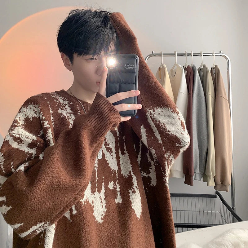 Autumn Clothing Men's Knitted Luxury Printed Pullovers Sweater Casual Vintage Loose O Neck Solid Color Long Sleeve Knitwear 2024 voguable