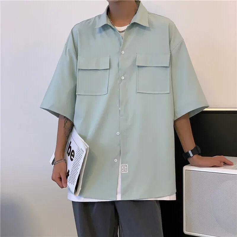 Summer Short Sleeved Shirt Men Pocket Casual Shirt Men Japanese Streetwear Loose Ice Silk Shirts Mens White Shirt Plus Size 4XL voguable