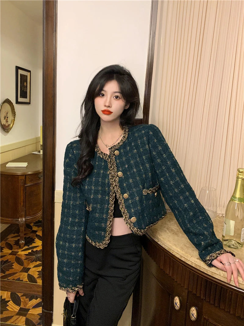 Vintage Cropped Tweed Jacket Women Elegant Blazer Korean Single Breasted Short Coats Autumn Winter Chic Suit Outerwear New voguable
