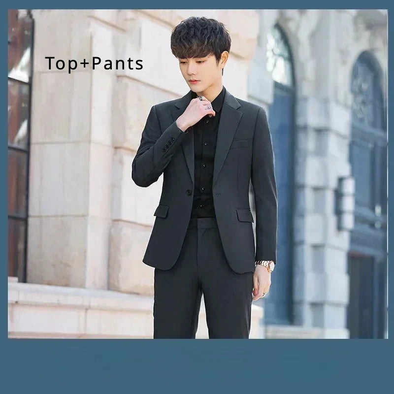 Voguable S-6XL Men's Business Casual Suit Korean Style Trendy Slim Fit 2 Piece Set Solid Color （Blazer+ Pants )Groom Wedding Dress Party voguable