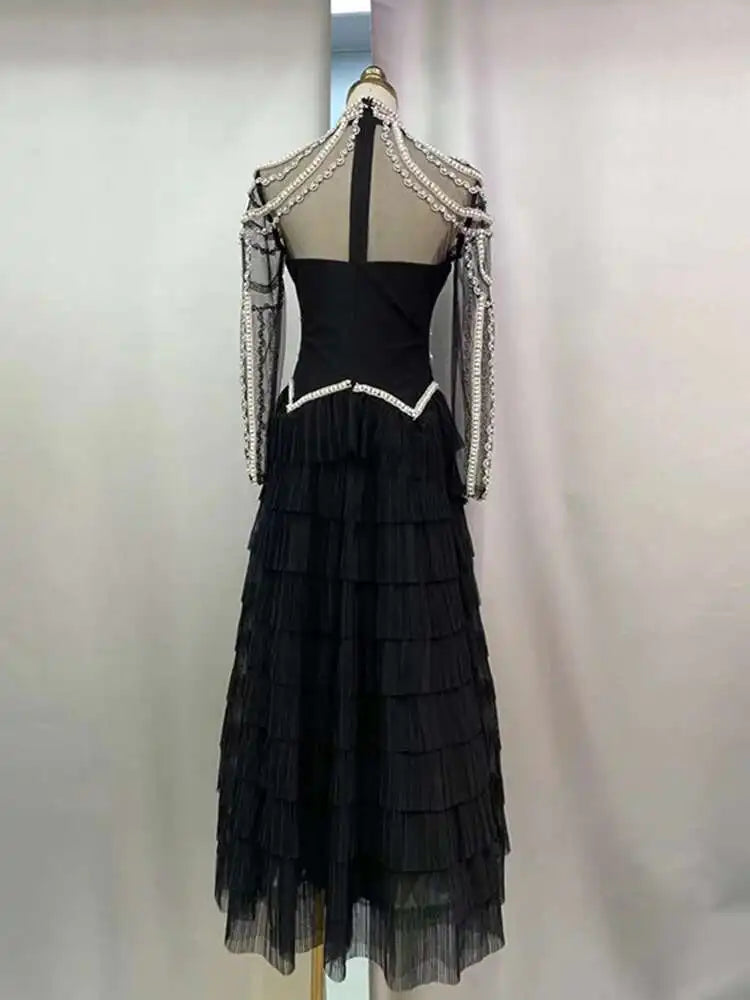 Solid Beaded Design Dresses For Women Round Neck High Waist Long Sleeve Elegant Dress Female Spring 2025 New voguable