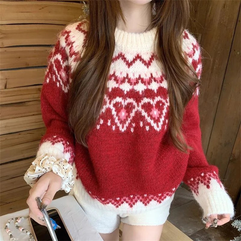 Women Retro Print Christmas Red Sweater O Neck Casual Long Sleeve Sweet Knitted Jumper Vintage Lazy Wind Loose Japan Cute Tops voguable