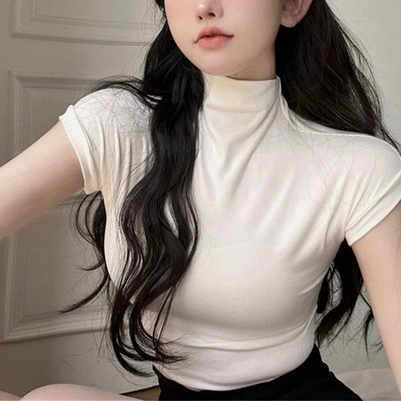 y2k Crop Tops Women Summer Vest Solid Color Mock Neck Sleeveless Stretchy T Shirts 2000s Aesthetic Clothing Streetwear voguable