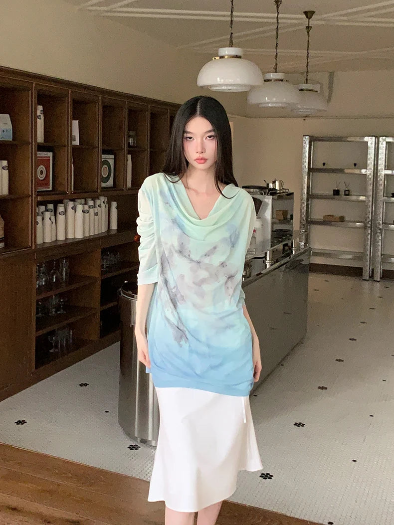 Gradient Fall 2025 Fashion Woman Oversize Graphic T Shirts Long Sleeve Top Cowls Blue Tee Autumn Streetwear Clothing voguable