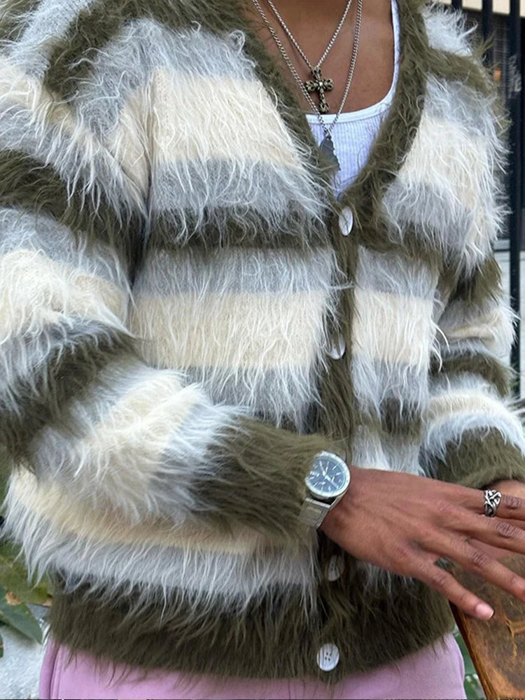 Striped Velvet V Neck Sweater Jacket For Men Fashion Casual Long Sleeve Single Breasted Mohair Coat Chic Warm Knitted Cardigan voguable