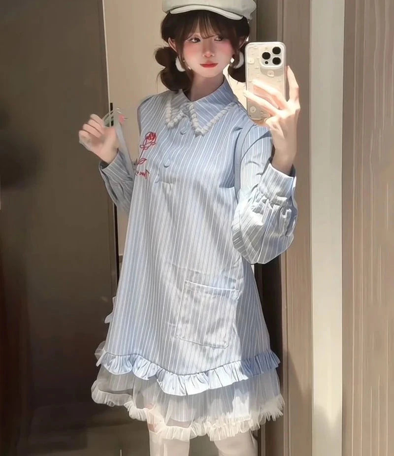 Lace Patchwork Striped Dress Women Sweet Floral Embroidery Mini Dress Fall Preppy Style Long Sleeve Cute Korean A Line Dress New voguable