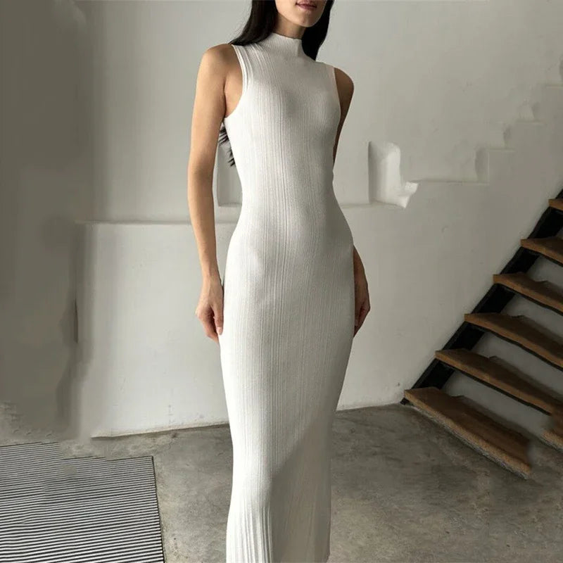 Voguable  Sexy Sleeveless Bodycon Long Elegant Dress Women Half High Collar Knitting Chic Slimming Dress Woman Medium Length Dresses voguable