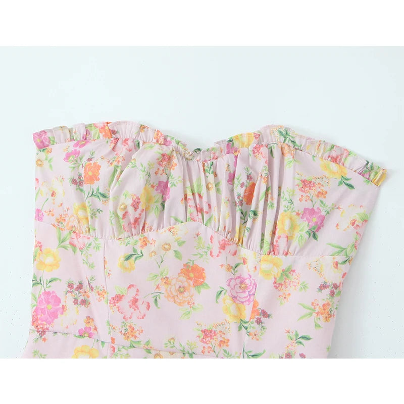 Women Floral Print Sexy Elegant Strapless Dress Front Slit A-line Midi Cotton Summer Dresses Party Robe
