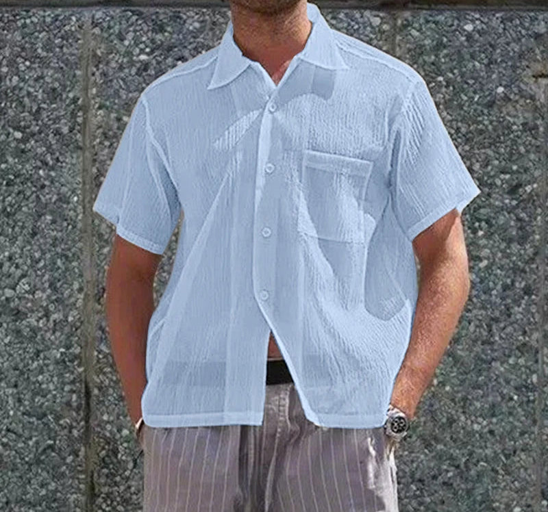 Men Shirt Solid Color Lapel Short Sleeve Summer Pleated Men Clothing Streetwear 2025 Pockets Fashion Male Shirts Tops voguable