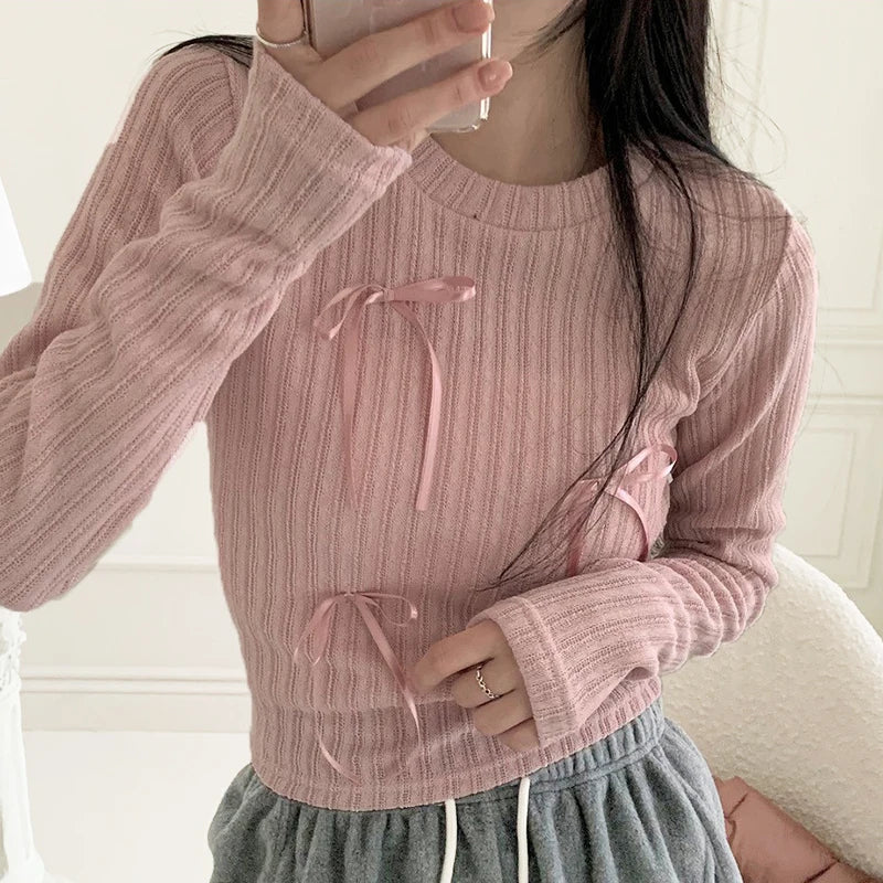 Voguable Sweet Multi Bows Knitted Top Pink White Casual Basics Slim-fit Tops Autumn Spring Korean Style Kawaii Knitwear Autumn voguable